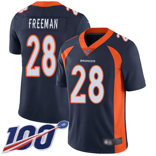 Men Denver Broncos 28 Royce Freeman Navy Blue Alternate Vapor Untouchable Limited Player 100th Season Football NFL Jersey